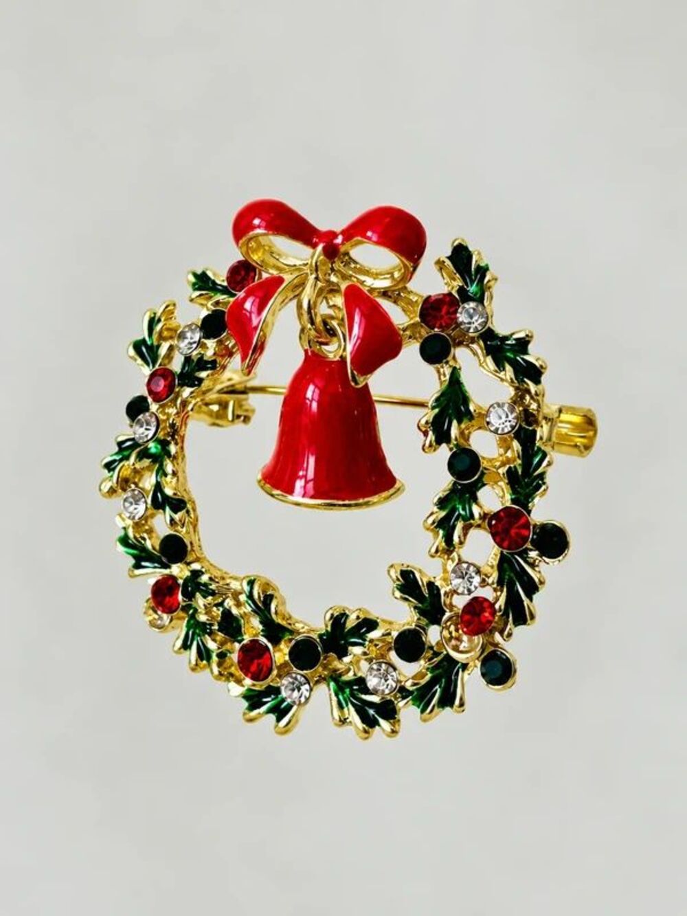 Christmas Brooch Pin with Wreath Bells Holiday Jewelry